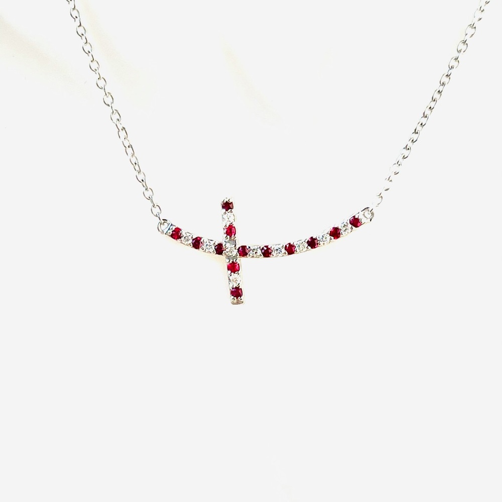 14K White Gold Horizontal Cross w/ Ruby & Diamond